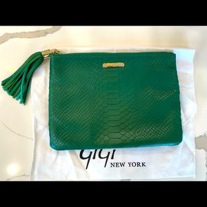 Green Leather Zipper Clutch with tassel